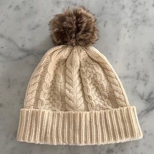 J. Crew Ivory Wool Cable Knit Beanie with Brown Pom